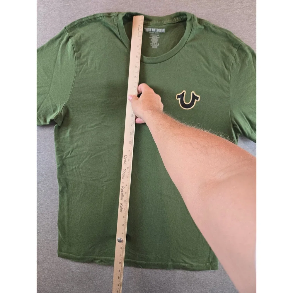 True Religion Graphic T-Shirt Mens L Green Buddha Horseshoe‎ Logo Short Sleeve
